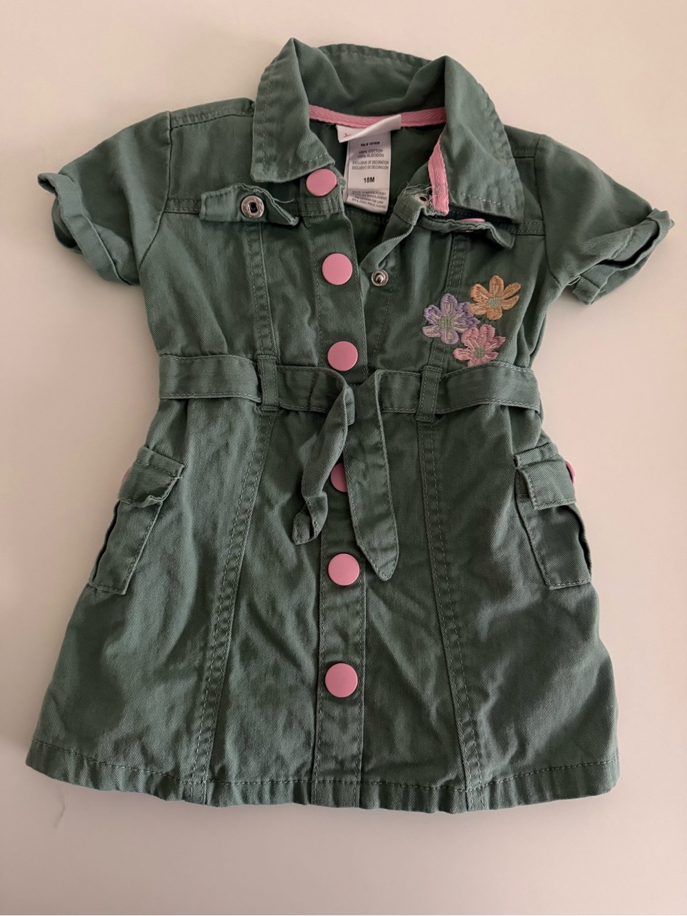 Little Lass Green Dress with Pink Buttons and Floral Embroidery